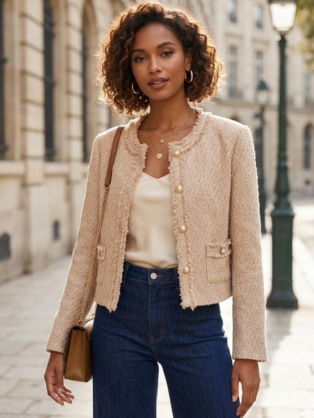 M.Infisavo Cream Bouclé Pearl-Button Cropped Blazer